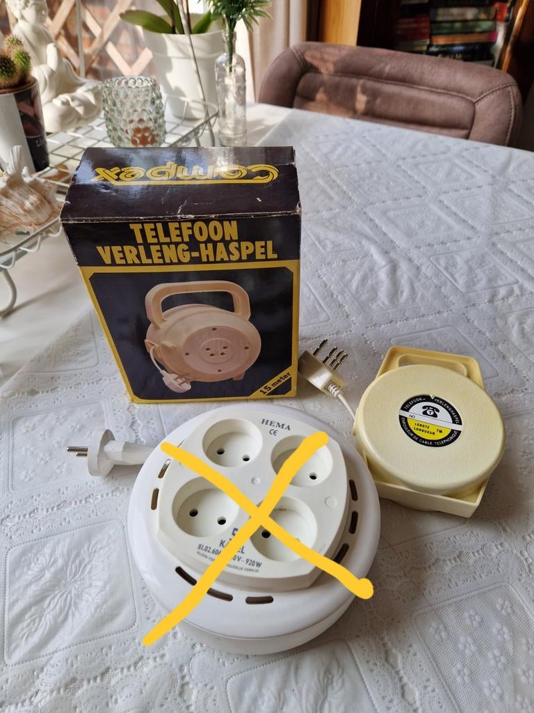 Oude retro vintage telefoon verleng-haspel in doos, Ophalen, Gebruikt