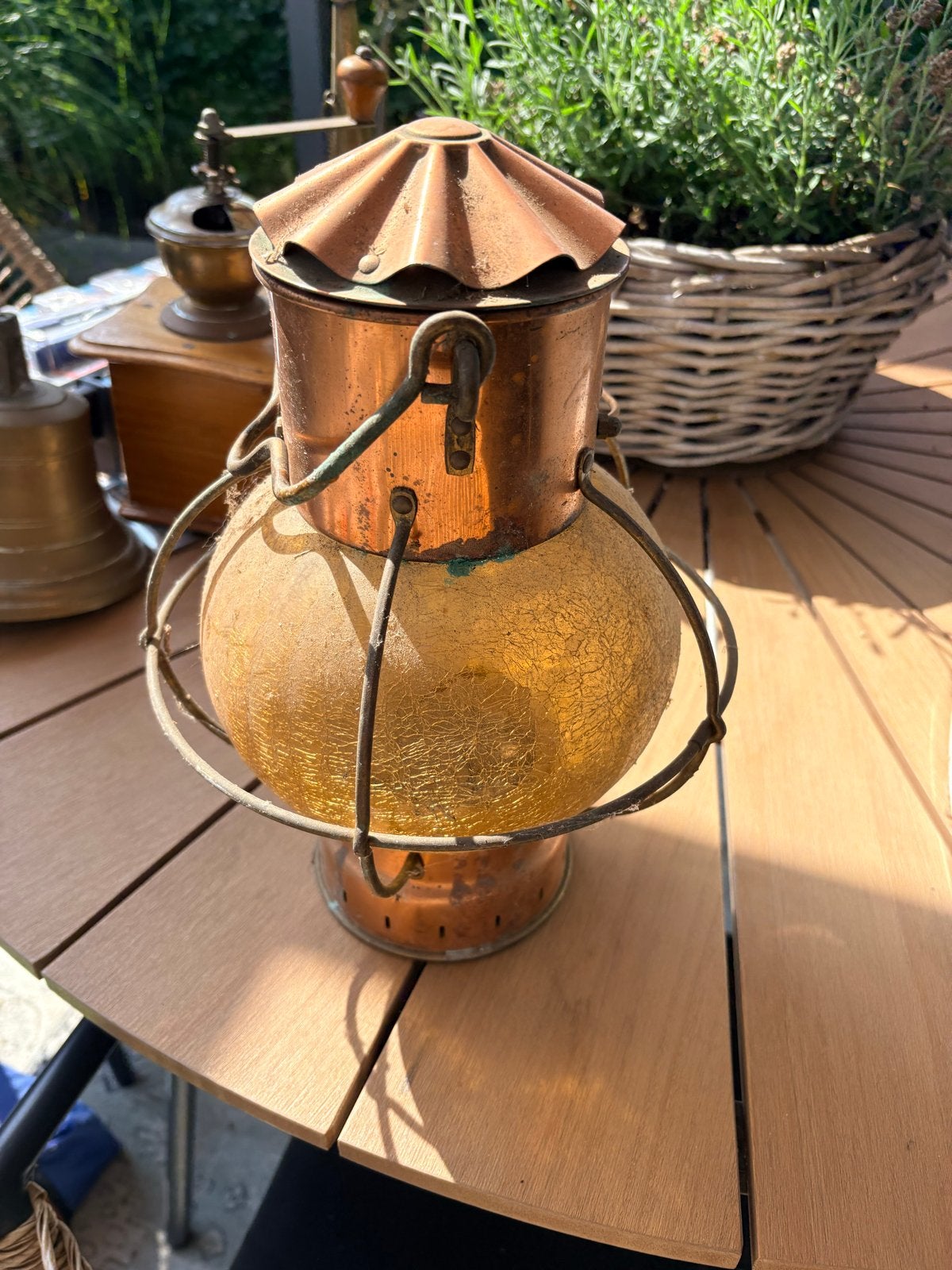 Antieke koperen scheepslamp met craquelé glas, Antiek en Kunst, Ophalen