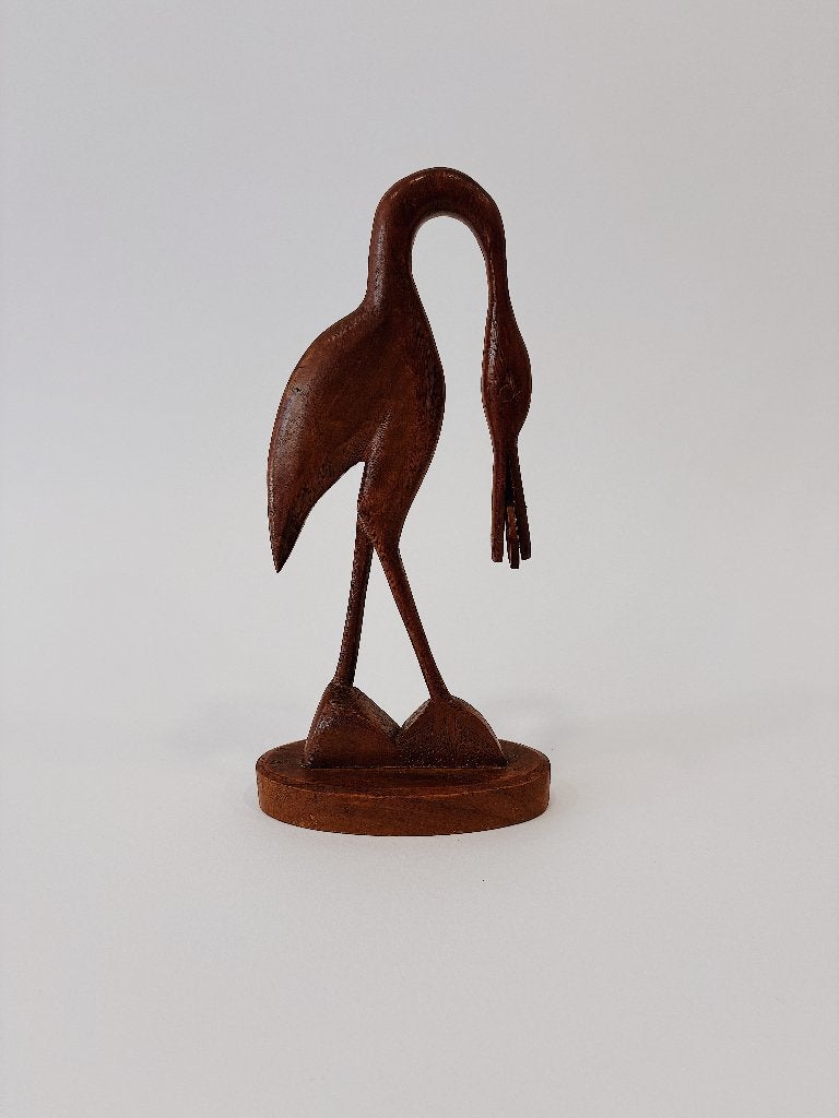 VINTAGE HOUTEN BEELD | REIGER MET VIS, Ophalen of Verzenden