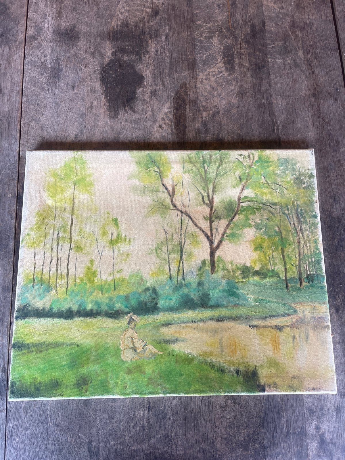 Schilderij: Persoon aan waterkant in bosrijke omgeving, Ophalen, Doek, Realistisch, Olieverf