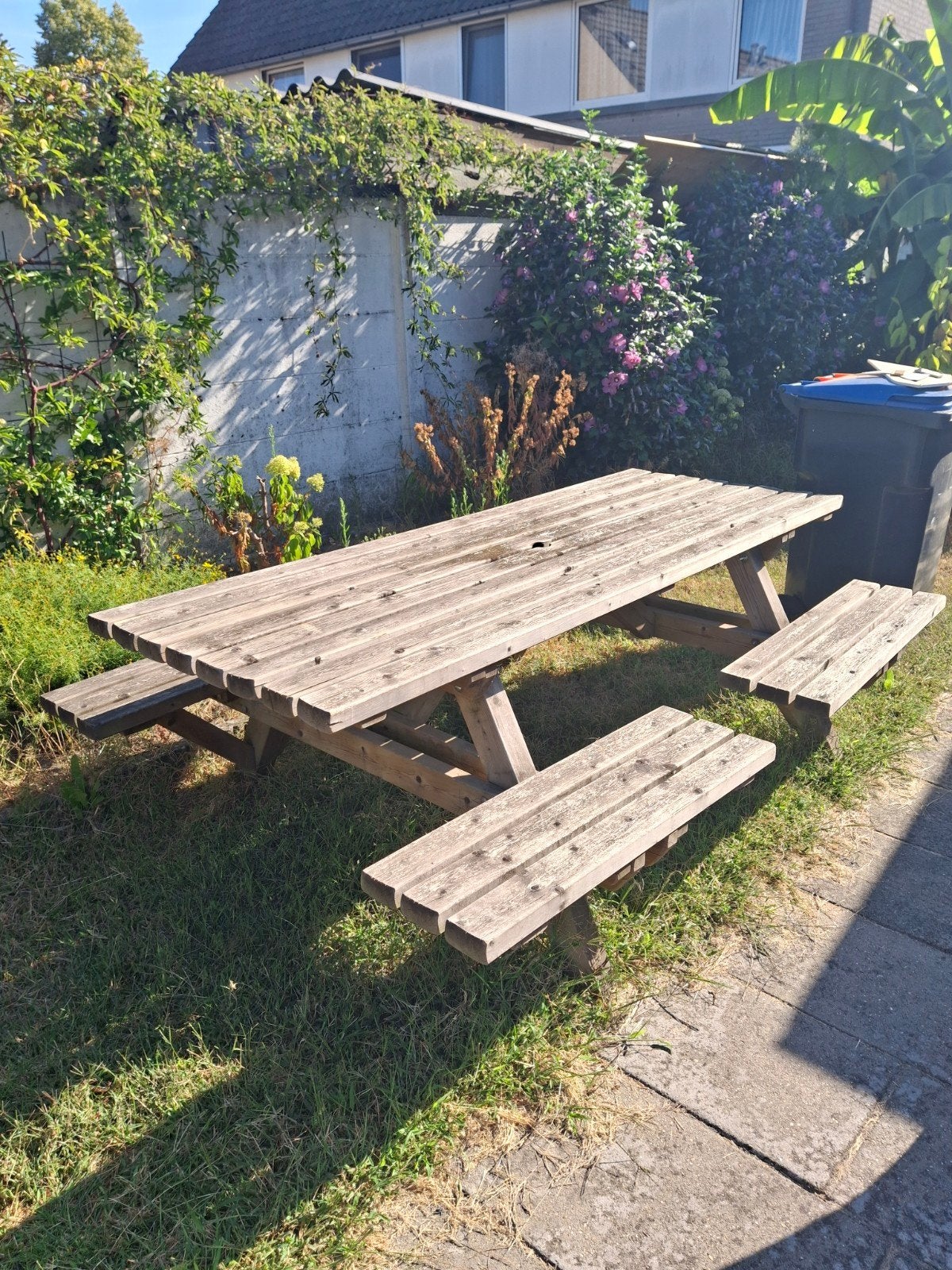 Robuuste houten picknicktafel - 228 cm lang, Ophalen, Gebruikt, Rechthoekig, Hout