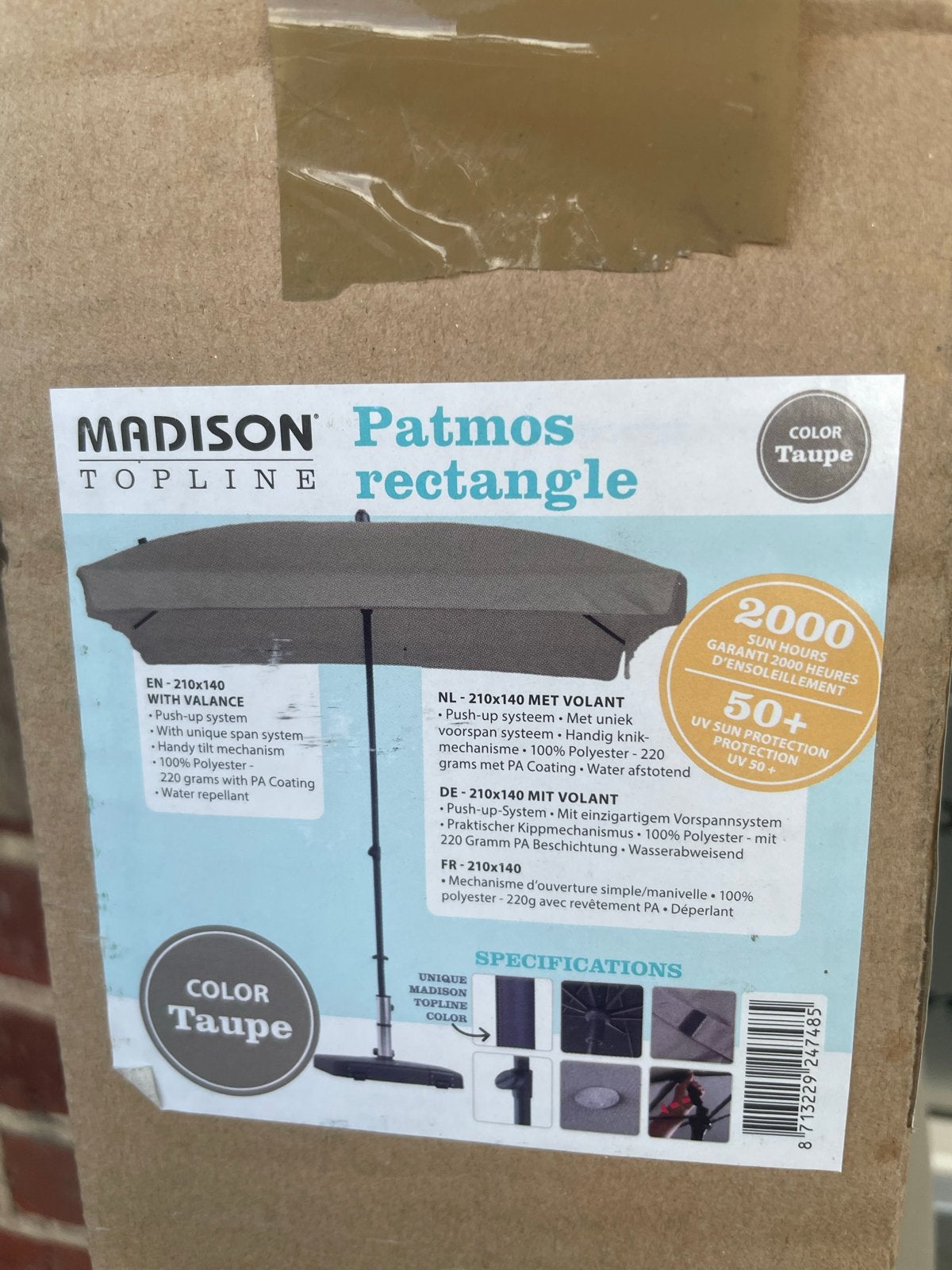 2 stuks Madison Patmos Rechthoekige Parasol - Taupe, Ophalen, Kantelbaar, Nieuw, 1 tot 2 meter