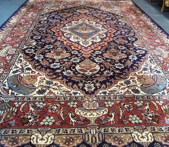 Perzisch tapijt handgeknoopt Kashmar met zijde vloerkleed, Gebruikt, Blauw, 200 cm of meer, Ophalen of Verzenden