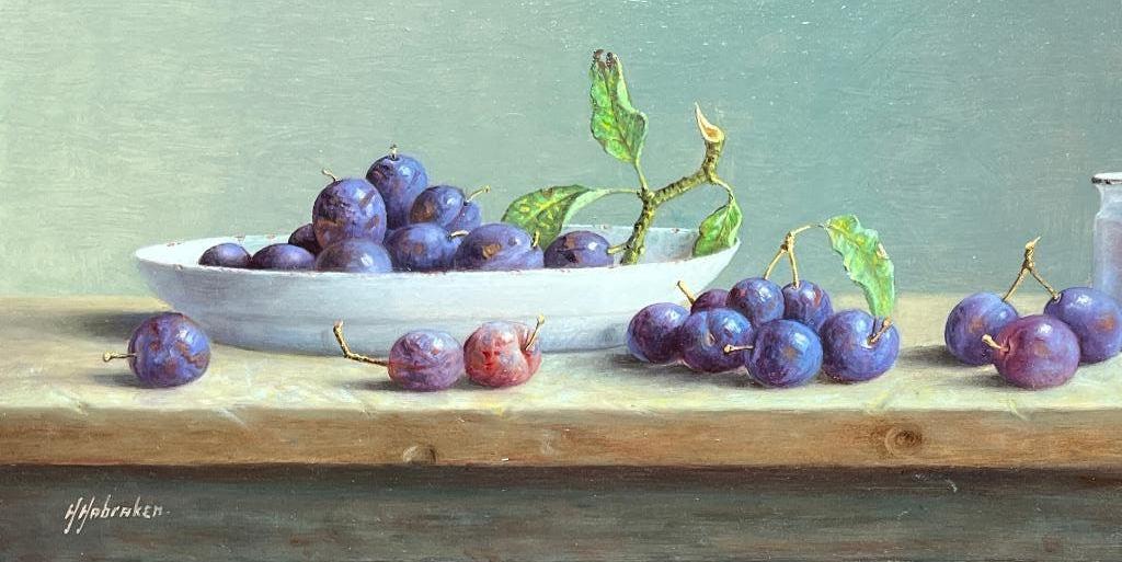 Schilderij kom en pruimen in een schaal. Hans Habraken., Ophalen of Verzenden