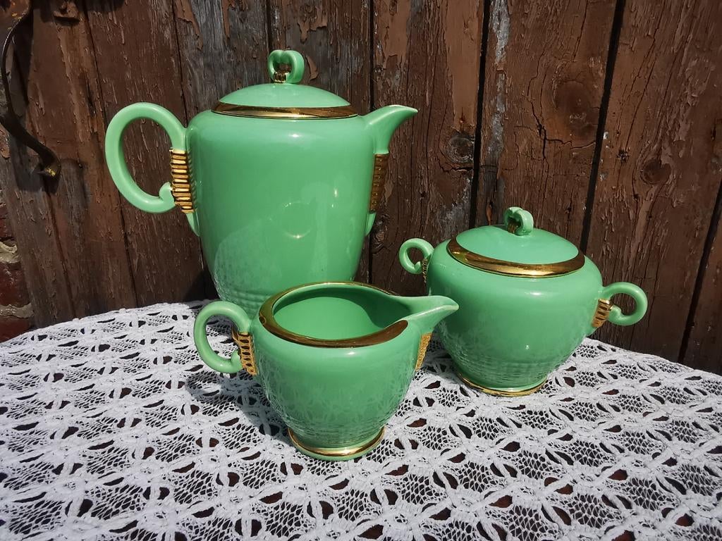 Vintage Koffiepot suiker en melk set mooi groen goud Miekje, Ophalen of Verzenden