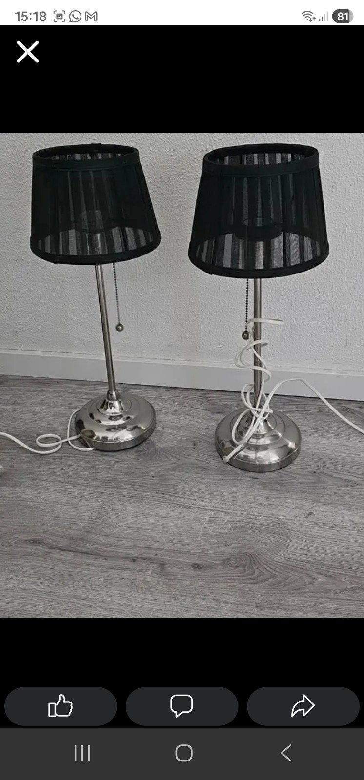 IKEA Nachtlampjes (set van 2) met zwarte kap, Ophalen of Verzenden, Gebruikt, Metaal