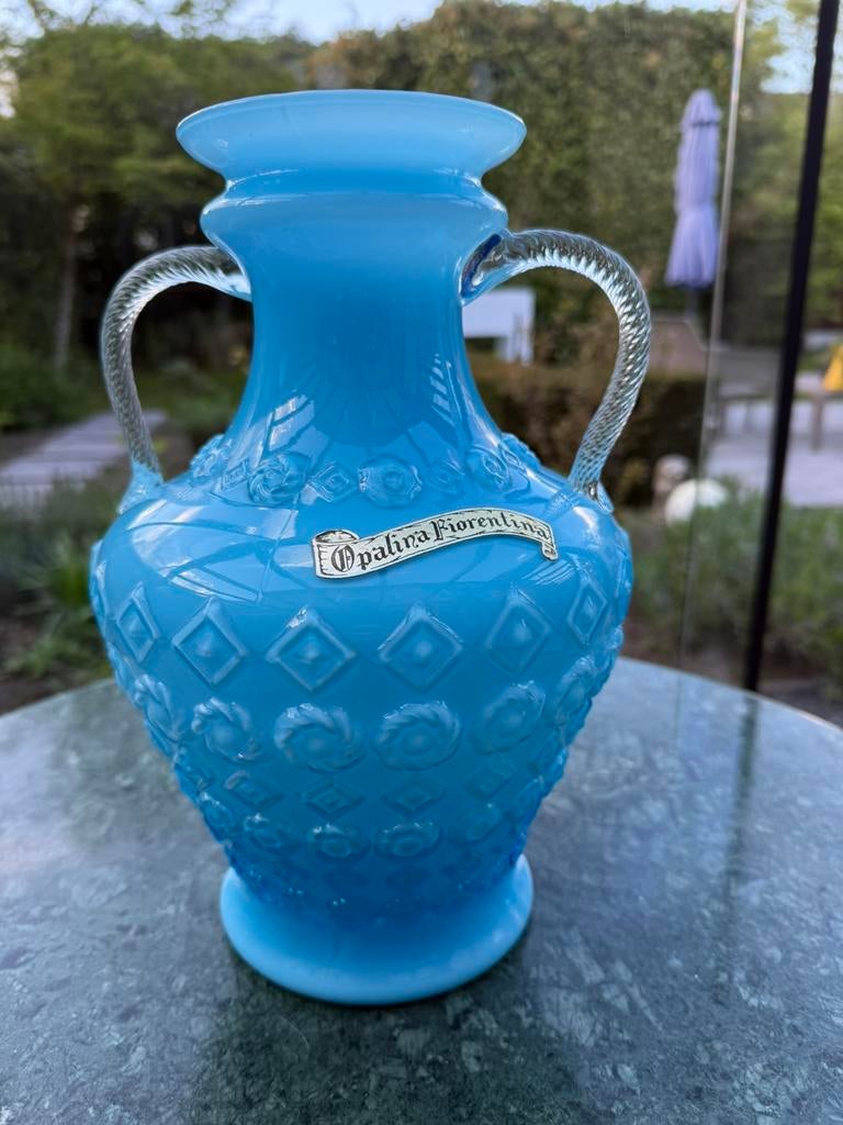 Empoli Italy opaline vaas 30 cm. Fifties blauw., Antiek en Kunst, Ophalen of Verzenden