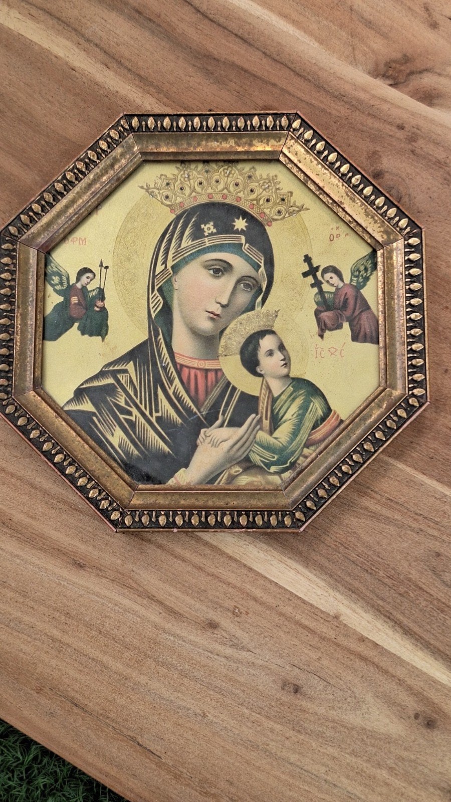 Antieke icoon van Maria met Kind, achthoekig, Antiek en Kunst, Antiek | Religie, Ophalen of Verzenden