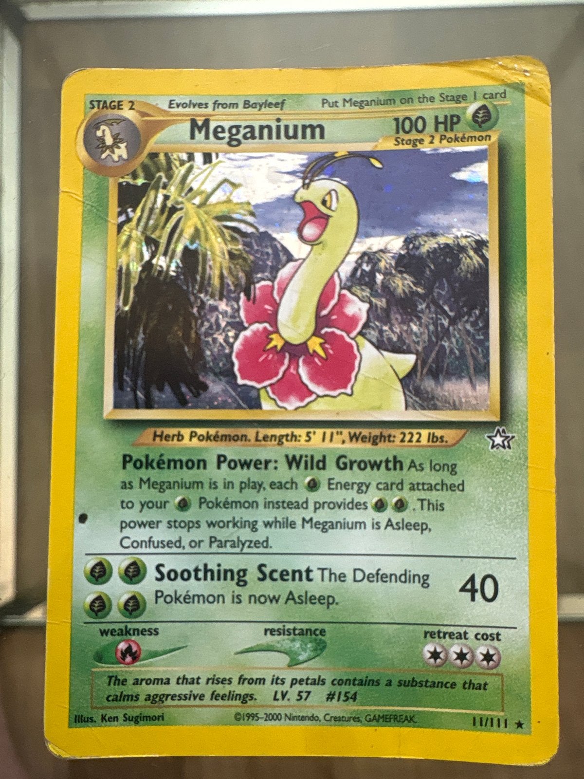 Meganium Holo 11/111 Neo Genesis (Gespeeld), Hobby en Vrije tijd, Verzamelkaartspellen | Pokémon, Ophalen of Verzenden, Gebruikt