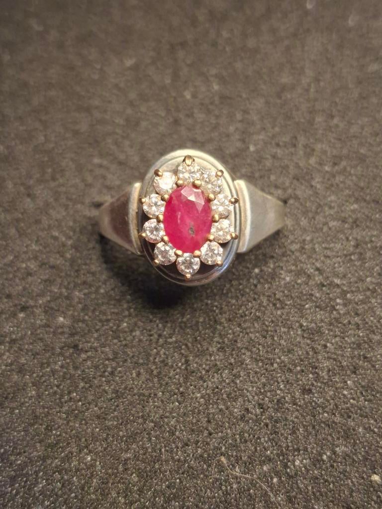Zilveren & 9K Gouden Ring met Robijn en Zirkonia - 6.46g, Sieraden, Tassen en Uiterlijk, Ringen, Gebruikt, Dame of Heer, 19 tot 20