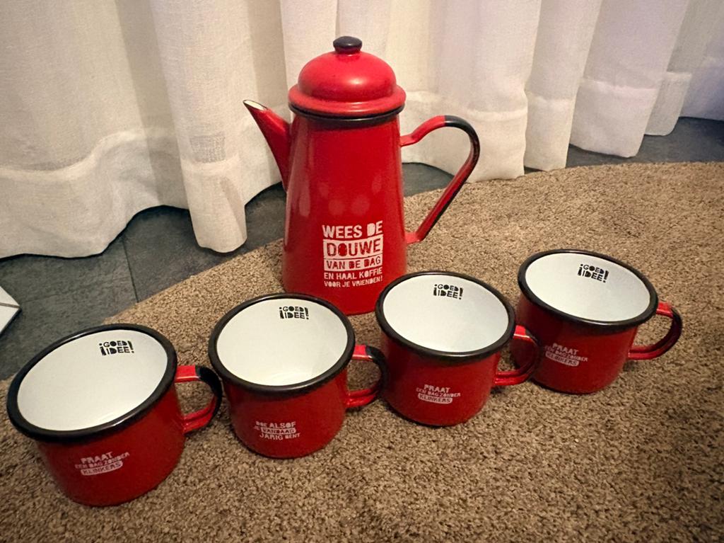 Nieuw set D&E Koffiekan met 4 koffiemokken limited edition, Antiek en Kunst, Ophalen of Verzenden