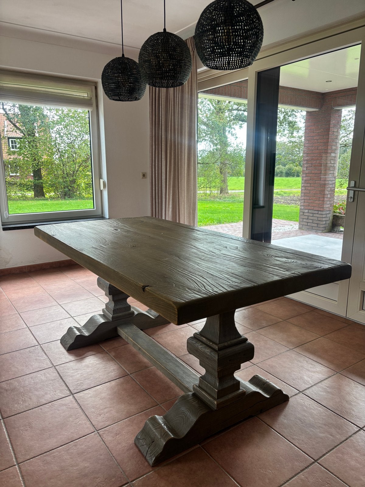 Mooie houten kloostertafel - Groen/grijs - 180x90 cm, Huis en Inrichting, Ophalen, Gebruikt, 50 tot 100 cm, 150 tot 200 cm