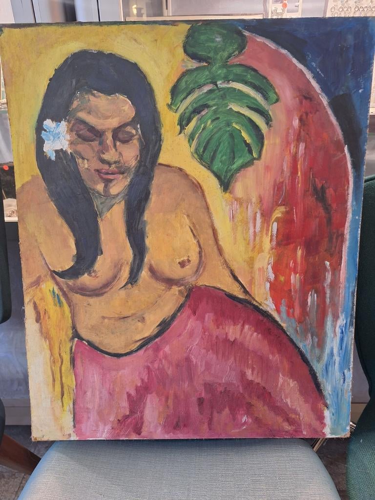 Schilderij: Naakte Tahitiaanse vrouw bloem, Ophalen of Verzenden