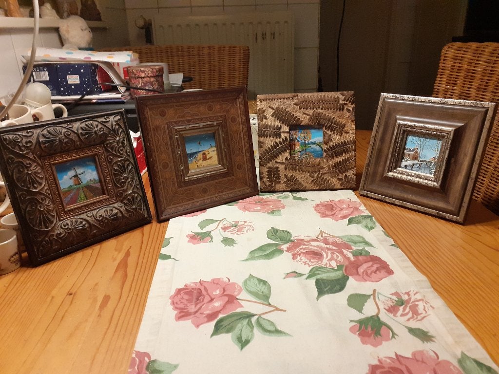 4 Olieverfschilderijen "De 4 Jaargetijden" in sierlijsten, Paneel, Ophalen of Verzenden, Origineel werk, Landschap