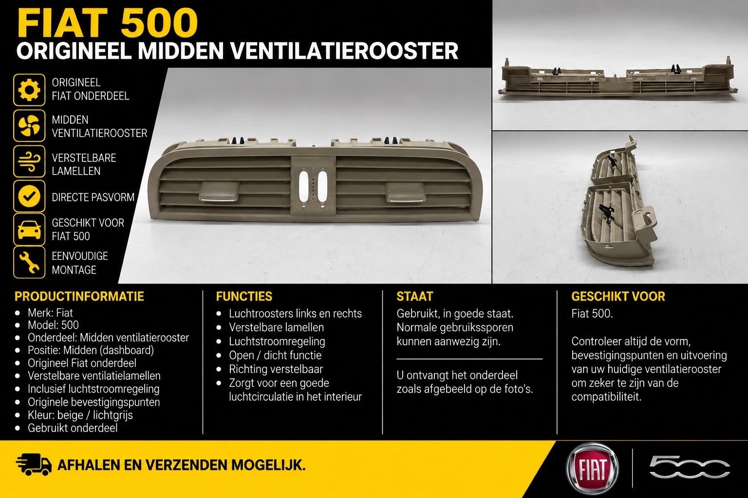 Fiat 500 origineel midden ventilatierooster - beige, Ophalen of Verzenden, Gebruikt