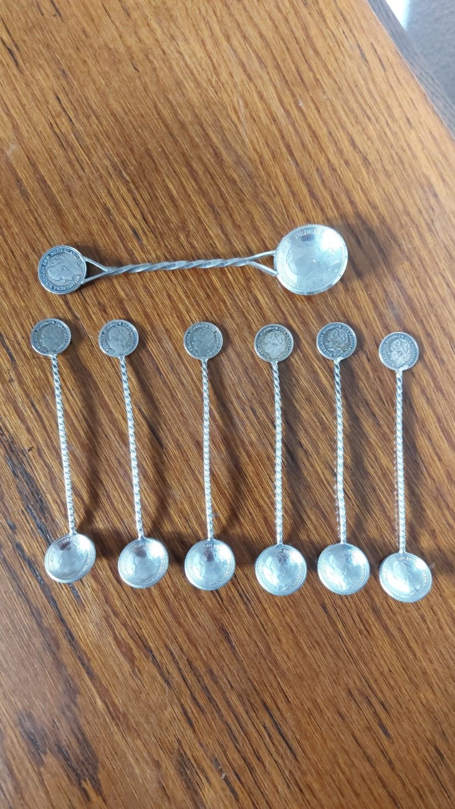 Antieke zilveren lepeltjes met munten - Set van 7, Ophalen