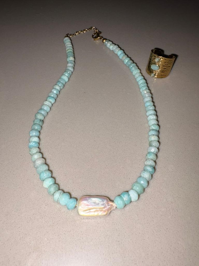 Pimps and pearl Edelsteen ketting Amazoniet blauw facet, Ophalen of Verzenden, Zo goed als nieuw