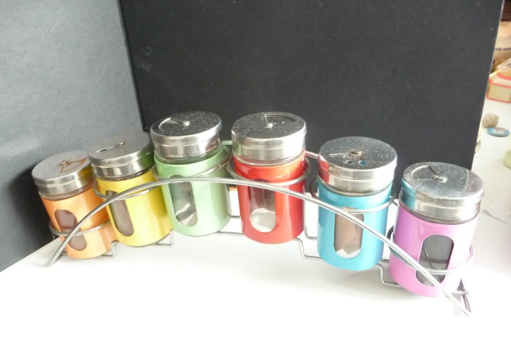 art deco curiosa kruidenrek in mintkleuren en glazen potjes, Glas, Verzenden, Zo goed als nieuw, Voorraadpot