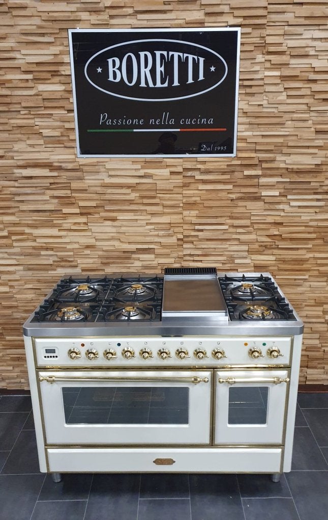 Luxe Boretti Majestic Fornuis 121cm crème + messing frytop, Niet ingevuld, 60 cm of meer, Niet ingevuld, Ophalen of Verzenden