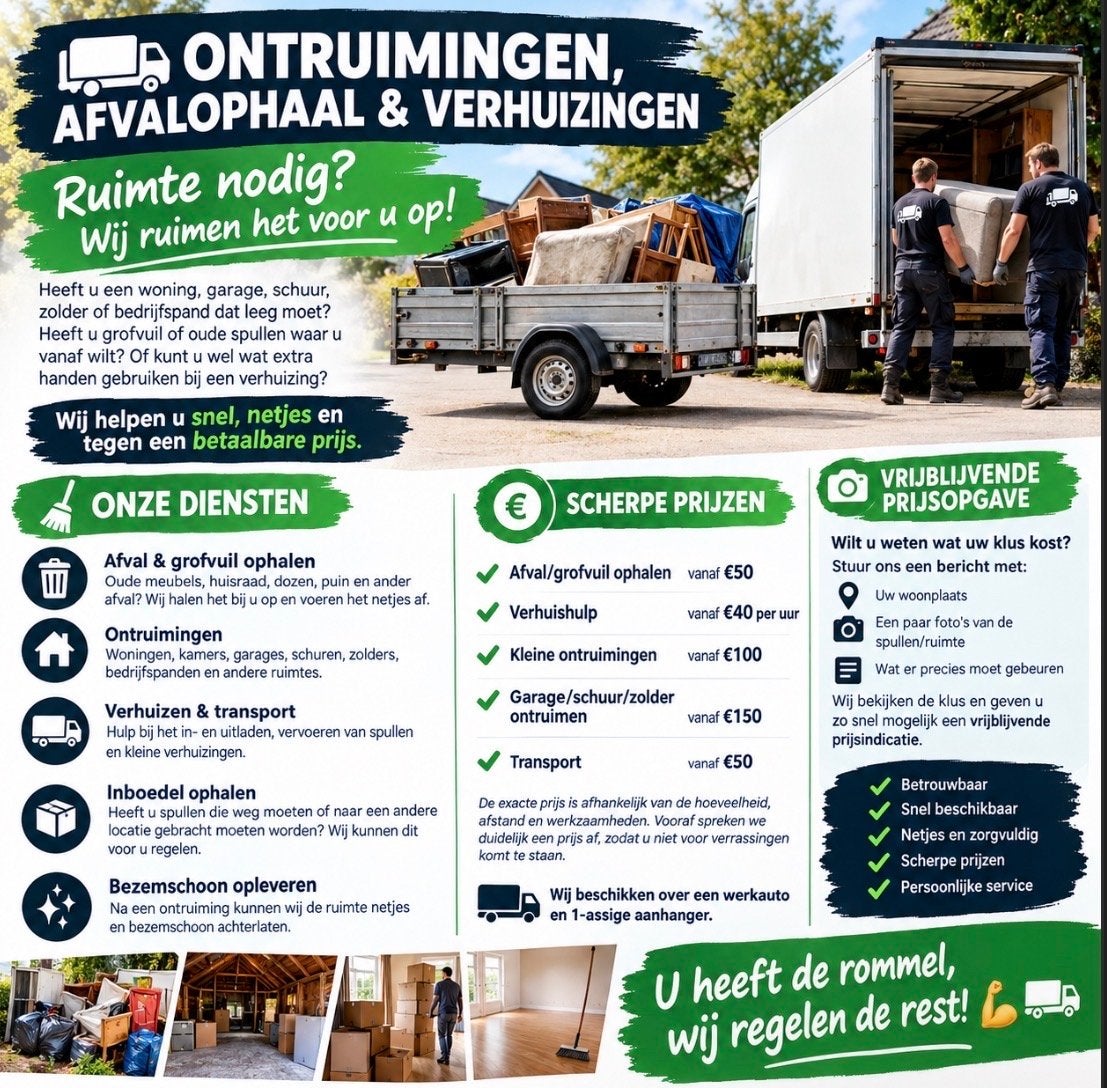 Ontruiming, verhuizing, afvalophaal, gezocht!, Ophalen of Verzenden