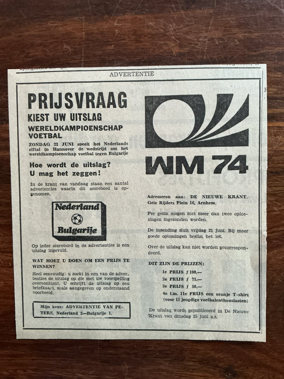 Voetbal reklame WK 1974 Nederland Bulgarije prijsvraag, Ophalen of Verzenden, Knipsel(s)