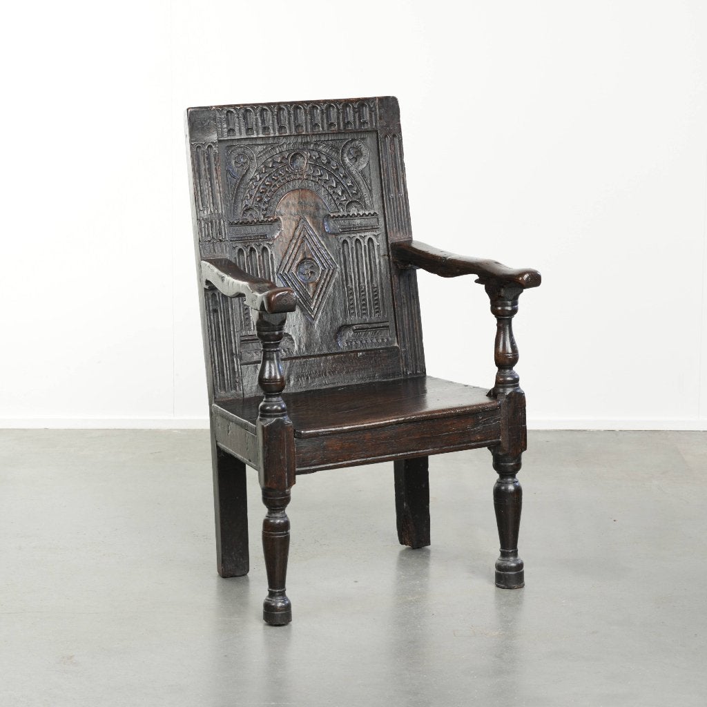 Antieke Engelse eikenhouten wainscot chair uit de 17e eeuw, Antiek en Kunst, Antiek | Meubels | Stoelen en Banken, Ophalen