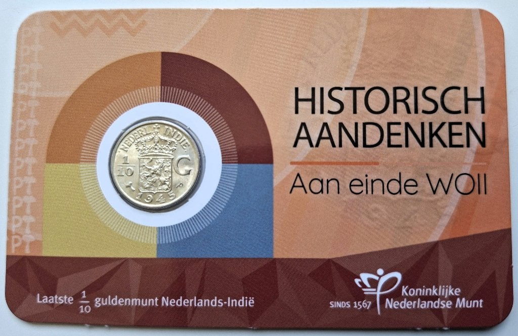 Coincard met 1/10 gulden Nederlands Indie 1945 P - type D, Postzegels en Munten, Verzenden, Koningin Wilhelmina, 10 cent, Losse munt