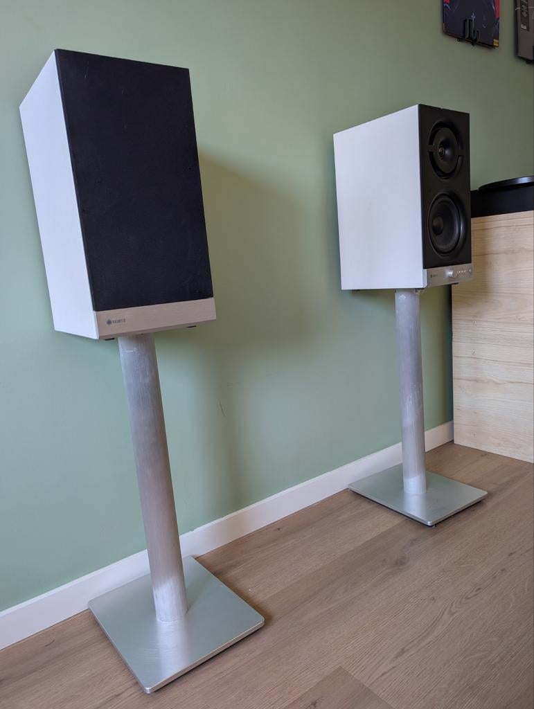 Raumfeld (Teufel) Stereo M speakers inclusief stands., Gebruikt, 60 tot 120 watt, Front, Rear of Stereo speakers, Ophalen