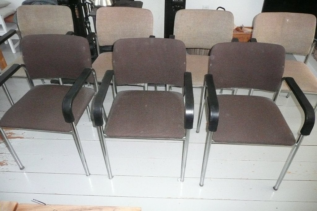 7 x vintage eetkamerstoel chroom zwarte armleuningen & stof, Huis en Inrichting, Stoelen, Gebruikt, Vijf, Zes of meer stoelen