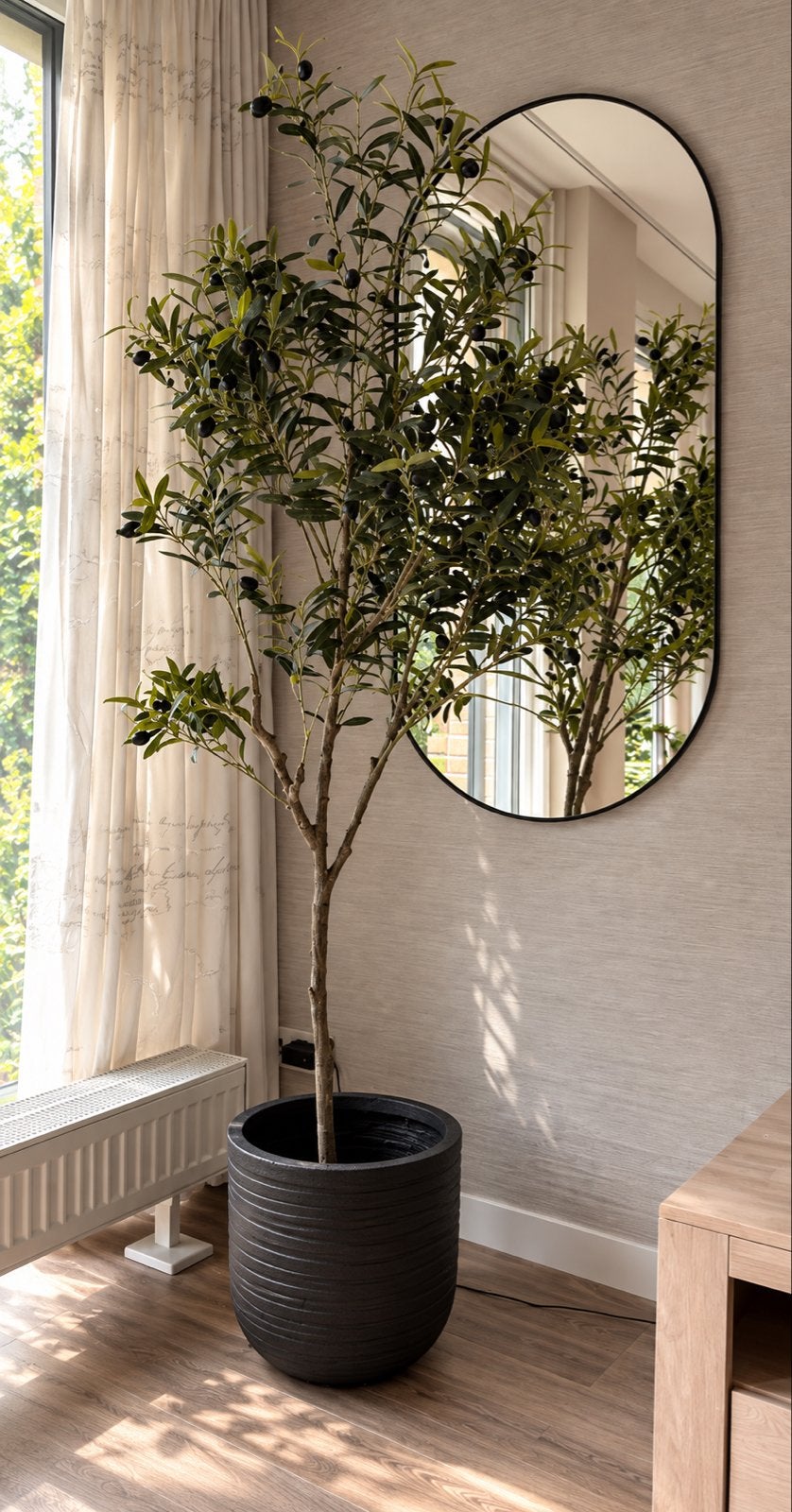 Prachtige grote kunst olijfboom 180 cm incl. zwarte pot, Ophalen, Binnen, Groen, Kunstplant
