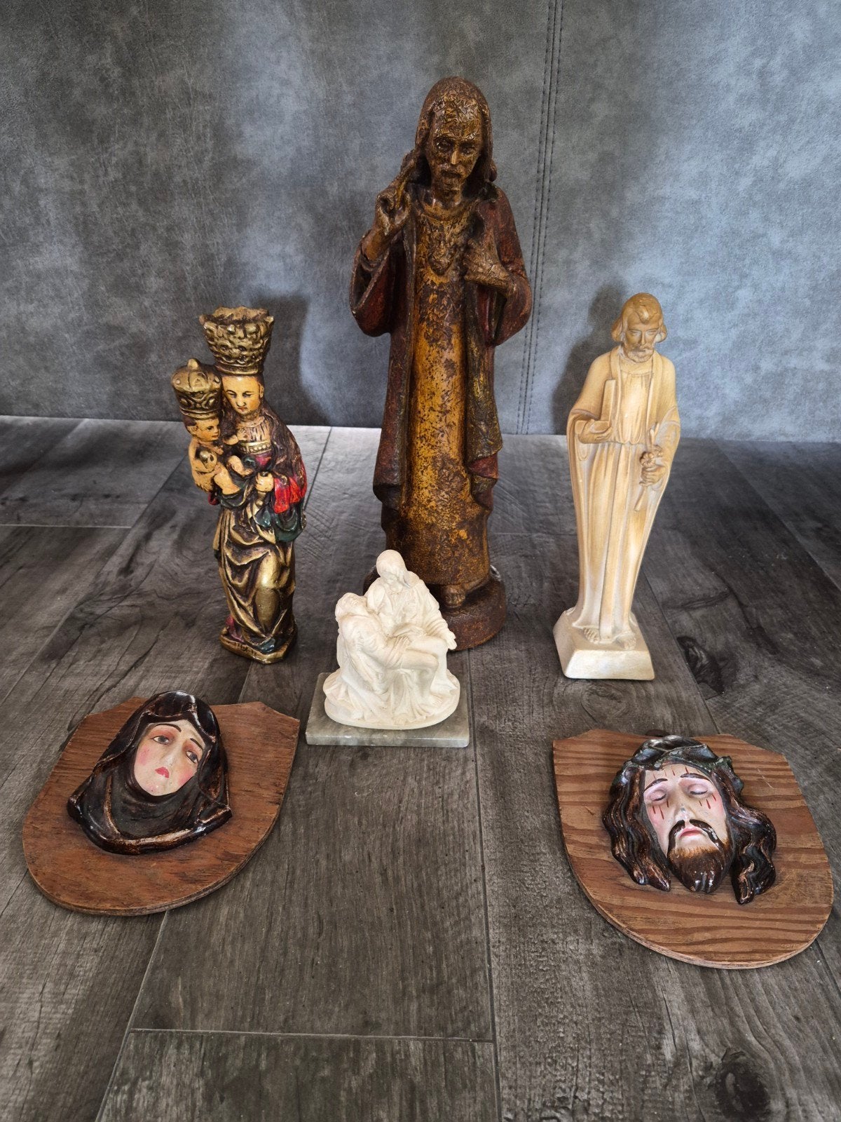 6 vintage religieuze beelden. Steen, marmer, hout., Antiek en Kunst, Ophalen of Verzenden