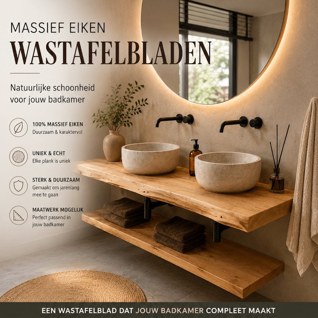 Massief eiken wastafelblad, Nieuw, Ophalen of Verzenden, 200 cm of meer, Minder dan 100 cm