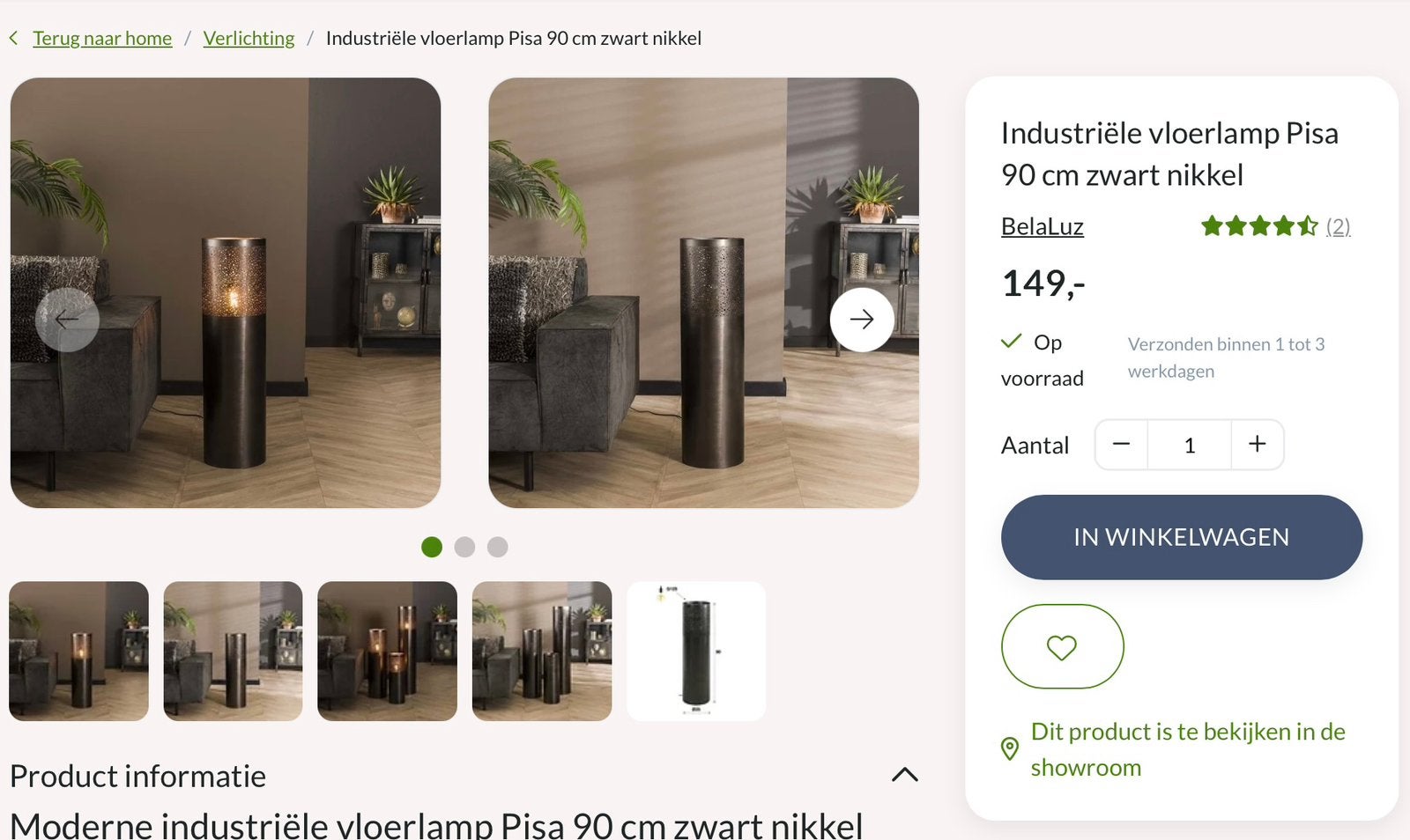 Industriële vloerlamp Pisa 90 cm zwart nikkel, Ophalen, Zo goed als nieuw, Metaal, Minder dan 100 cm