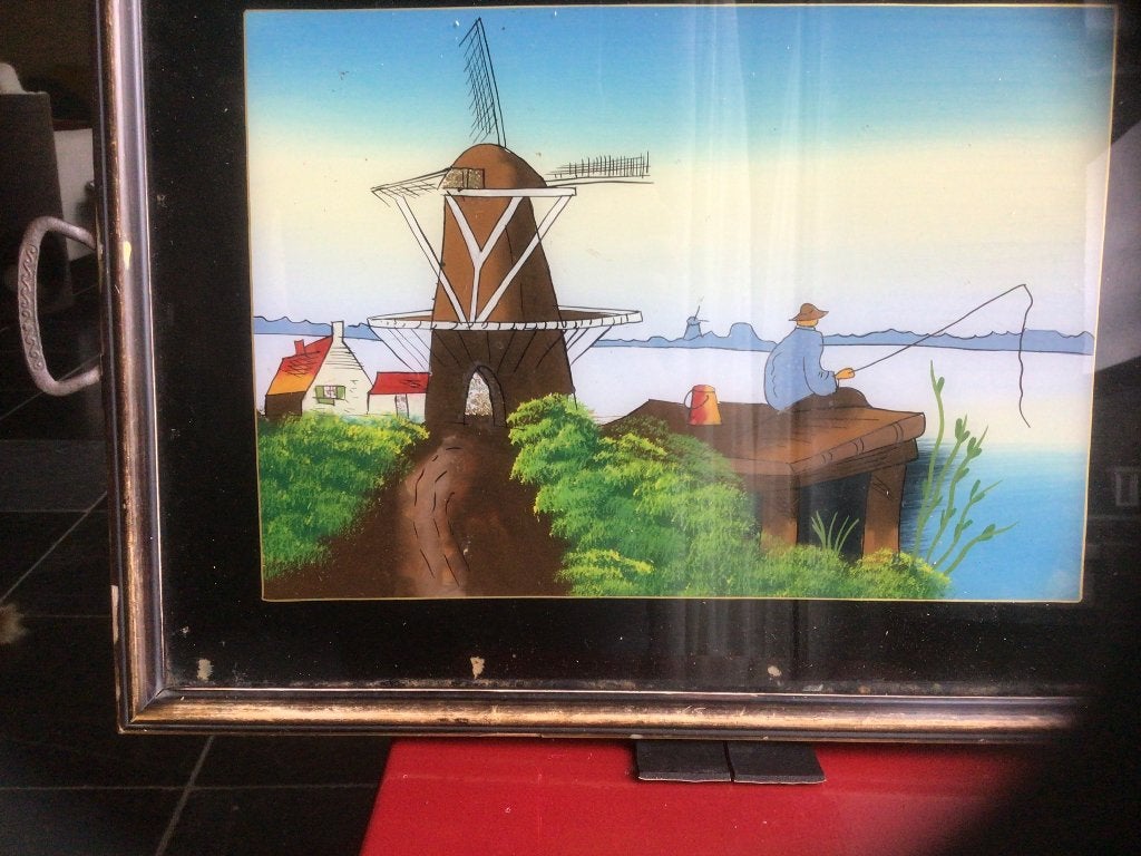 Antieke ,oude dienblad met glas met afbeelding, Huis en Inrichting, Woonaccessoires | Dienbladen, Met handvatten, Ophalen of Verzenden