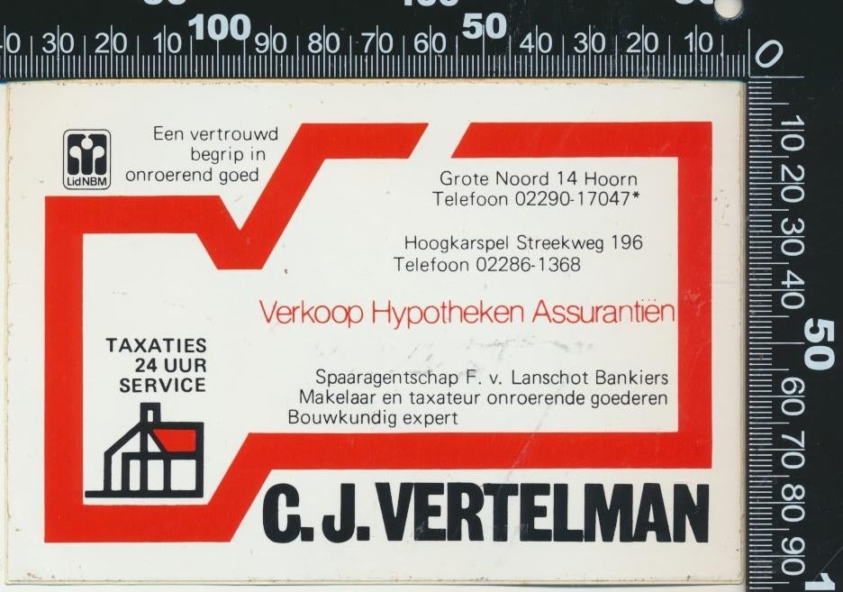 Sticker: Vertelman Verkoop Hypotheken Assurantien - Hoorn, Verzamelen, Ophalen of Verzenden, Zo goed als nieuw, Bedrijf of Vereniging