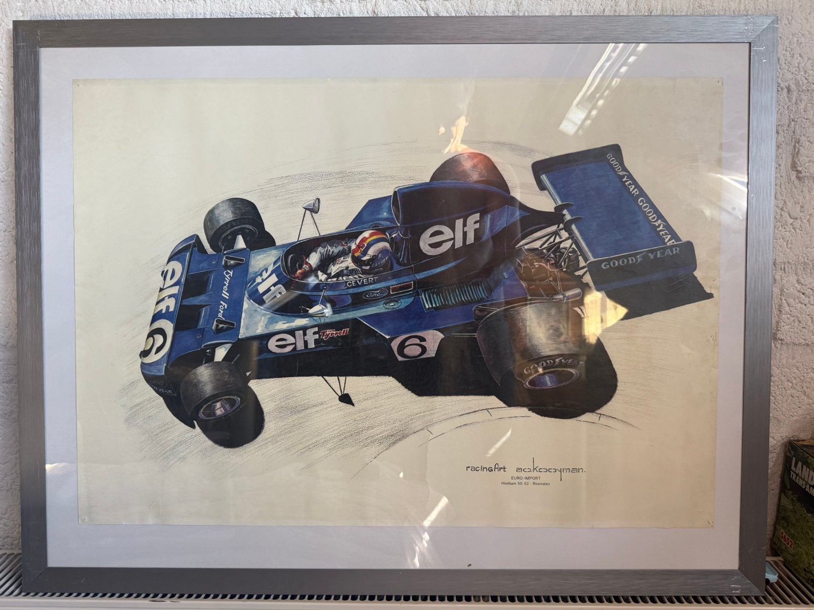 Litho poster Tyrrell Ford F1 Vintage inclusief lijst, Ophalen, Zo goed als nieuw, A1 t/m A3