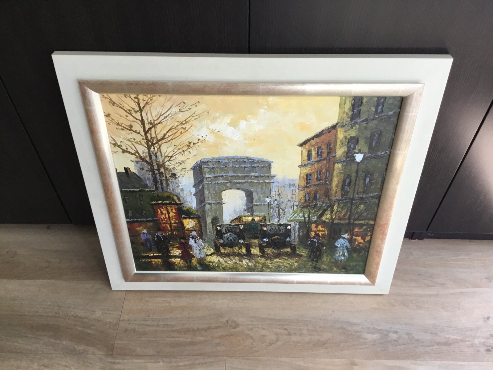 Schilderij Parijs Arc de Triomphe Olieverf 65x74, Ophalen, Doek, Realistisch, Gesigneerd