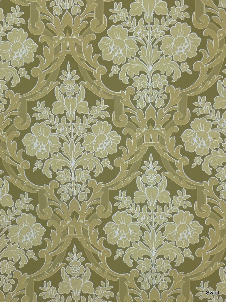 5024 barok behang vintage groen kaki beige 70s stijl swiet, Ophalen of Verzenden, Groen