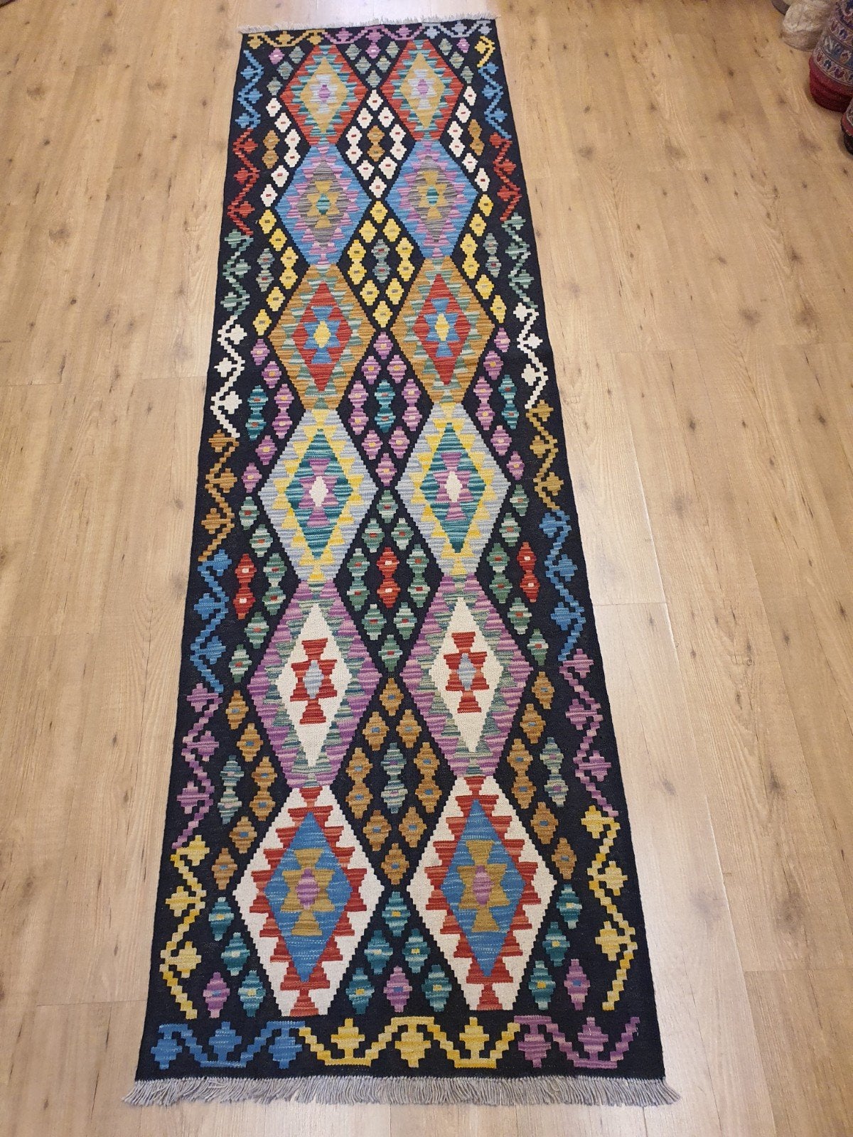 Handgeweven oosterse wollen kelim loper 305x85, Info@SlatsAntiek.nl, Vof Slats Antiek, Kelim, Geel