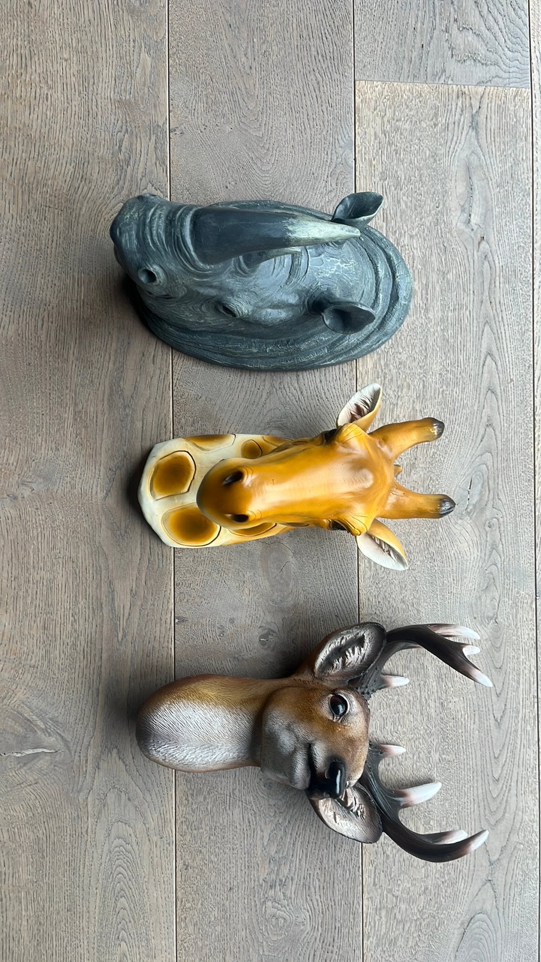 Wanddecoratie neushoorn hert giraf dier 3 stuks, Ophalen, Meerkleurig, Zo goed als nieuw, Wandbord of Wandpaneel