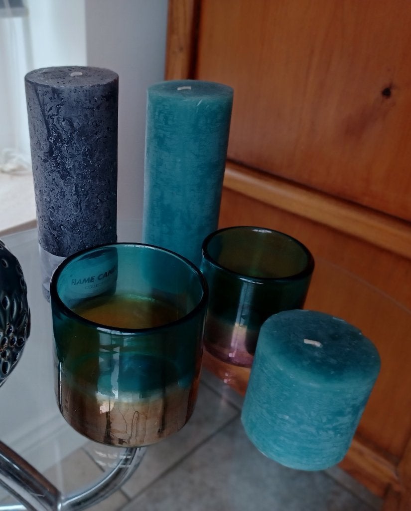 5 decoratieset Keramieken windlicht vazen stompkaarsen kaars, Ophalen of Verzenden, Zo goed als nieuw, Goud, Kaars