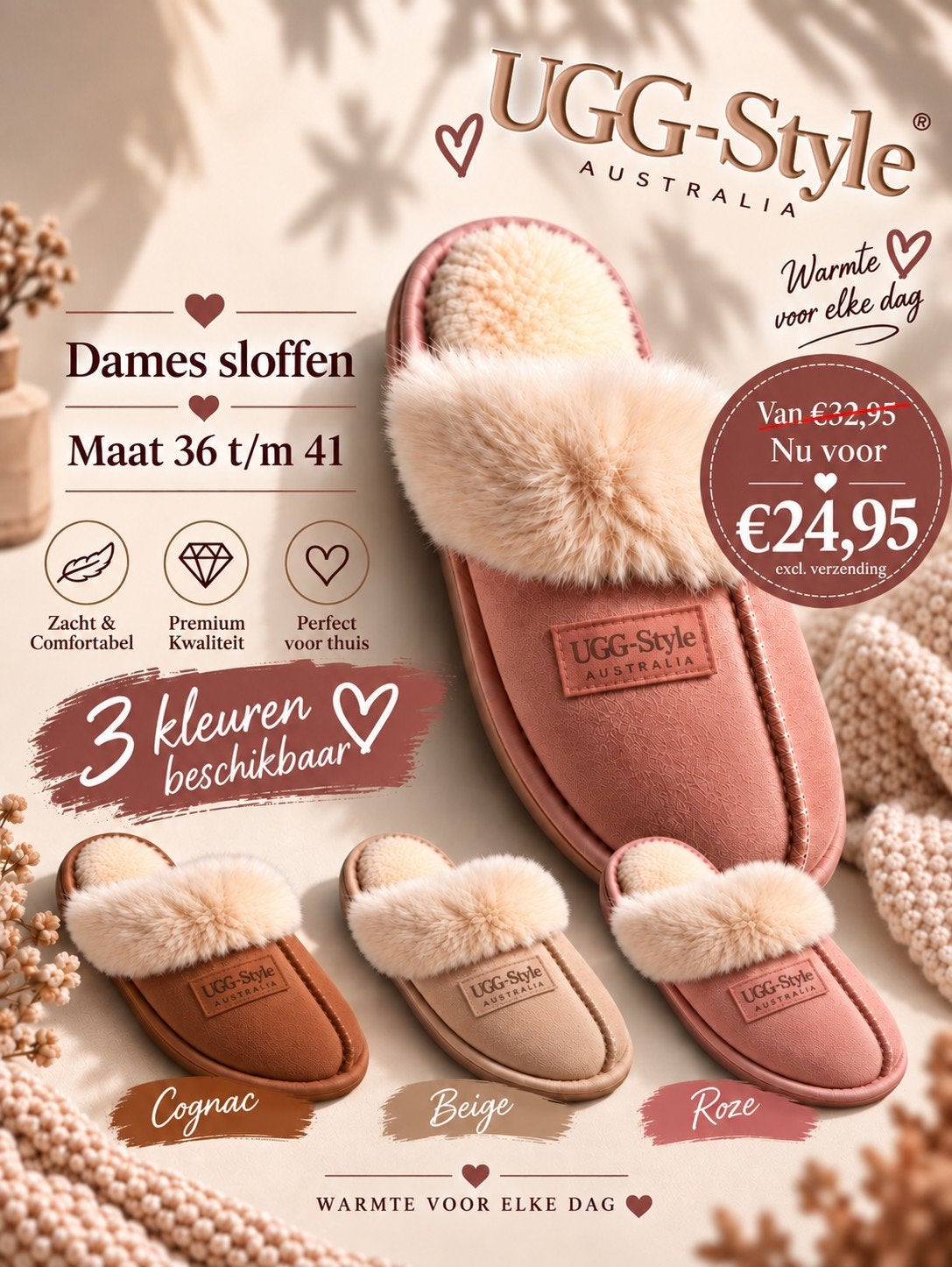 Ugg-Style Sloffen Dames - Zacht, Comfortabel & Warm, Ophalen of Verzenden, Nieuw, Beige, Pantoffels of Sloffen
