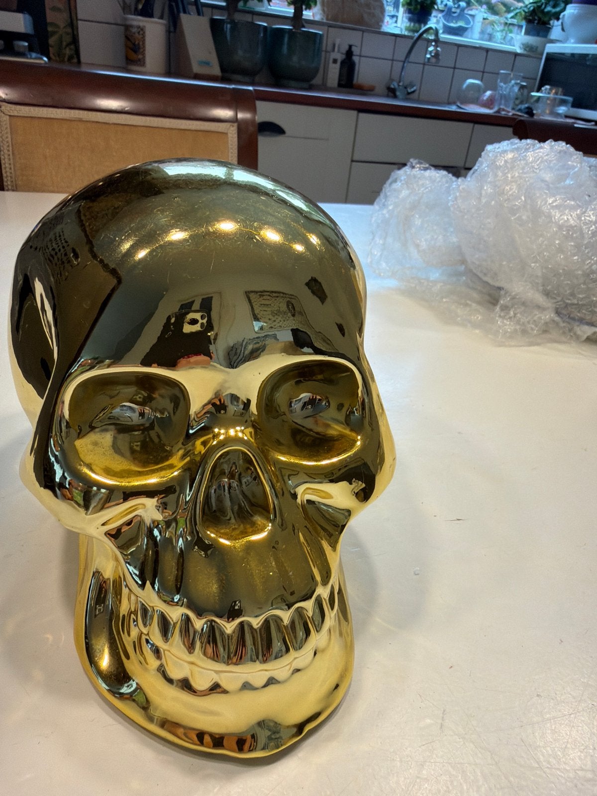 Desig 2x Gouden Doodshoofd Decoratie - Glanzende Schedel, Ophalen of Verzenden, Zo goed als nieuw, Goud, Modern