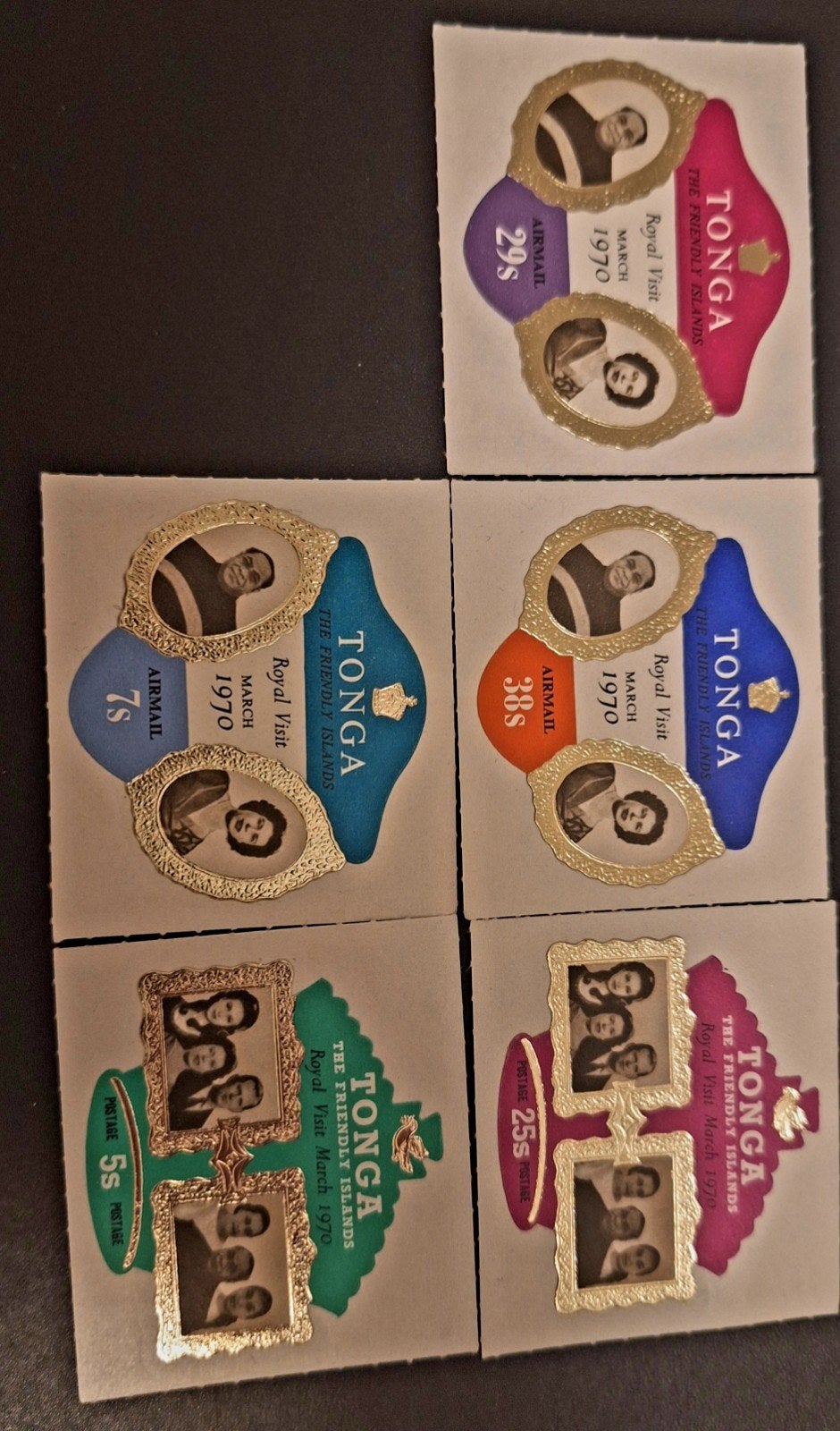 5x Unieke Goudfolie Postzegels Tonga 1970 - Koningshuis (Roy, Verzenden, Postfris