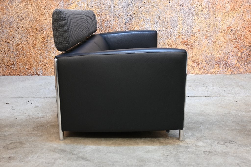 ZGANieuw zwarte leren Leolux Goncharov design bank, Leolux, Leolux, Driepersoons, 75 tot 100 cm