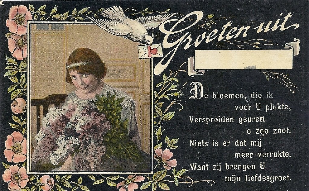 Groeten uit met gedichtje Vrouw met bloemen De bloemen die i, Verzenden, Voor 1920, Gelopen, Overige thema's