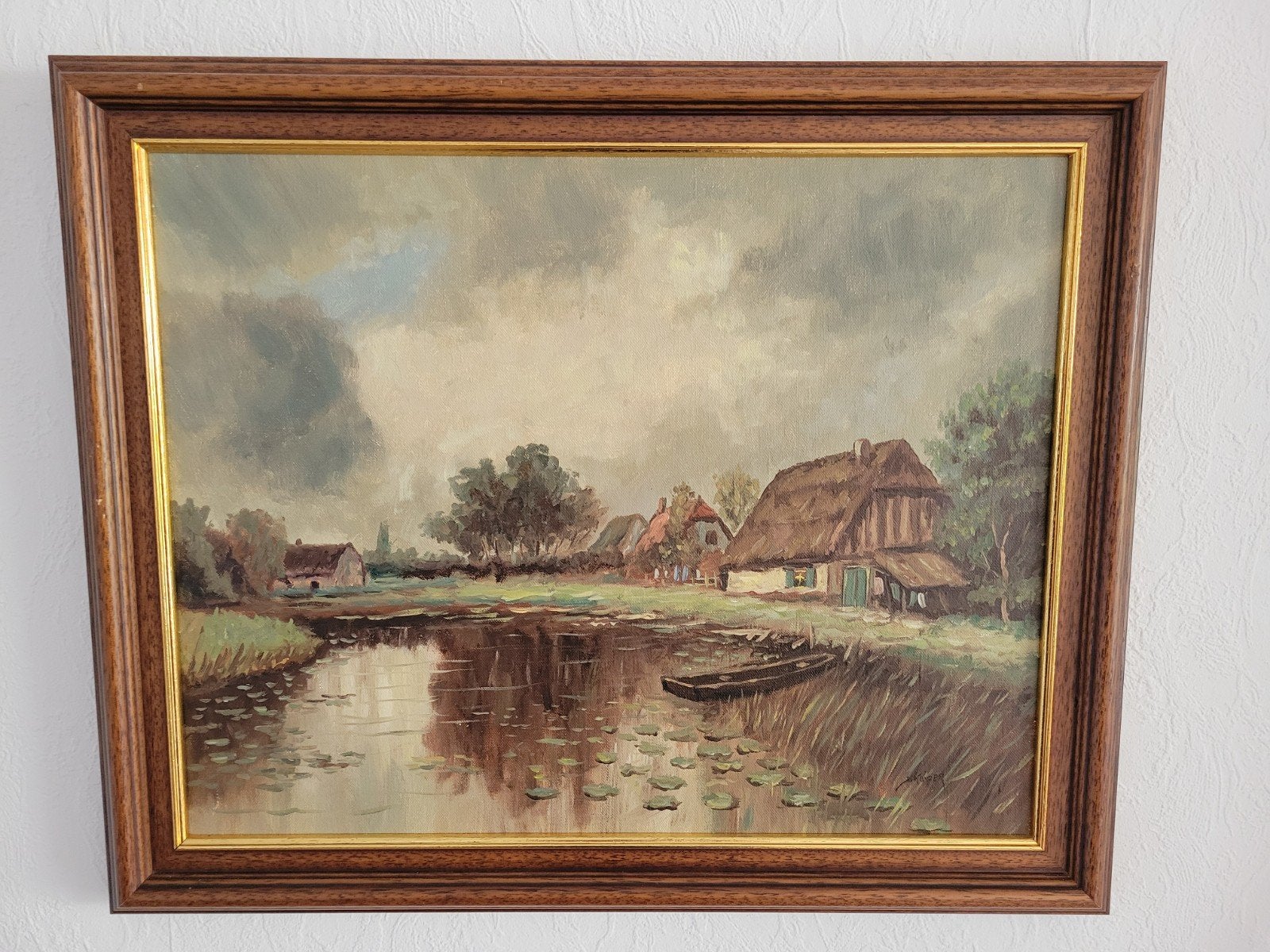 Oud schilderij met lijst - Landschap met water en huis, Antiek en Kunst, Kunst | Schilderijen | Klassiek, Ophalen