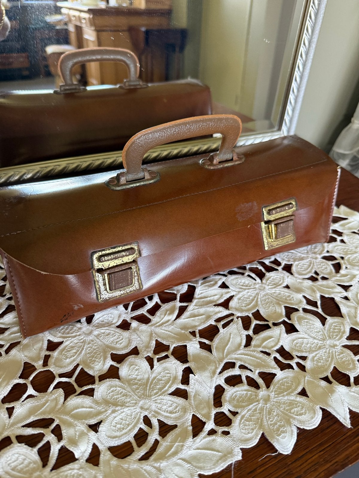 Vintage Bruine Leren Koffer - Decoratief Item 33/12/9 cm, Ophalen of Verzenden