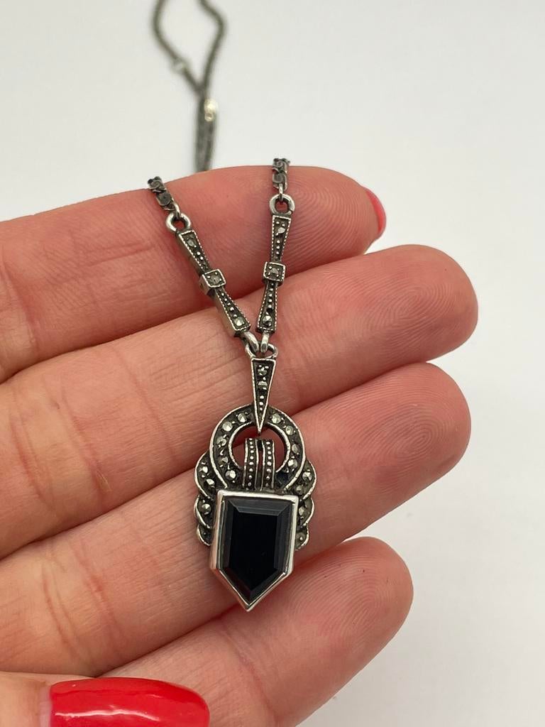 D729 Prachtige vintage zilveren ketting onyx markasiet, Ophalen of Verzenden, X, Met edelsteen, Zilver