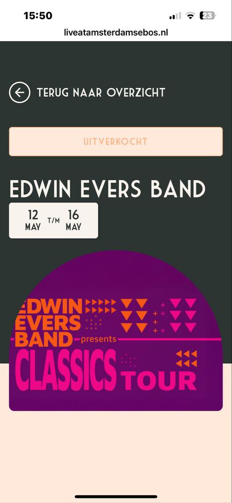 1 kaartje Edwin Everts Band in Amsterdam bostheater, Tickets en Kaartjes, Concerten | Overige, Eén persoon, Mei